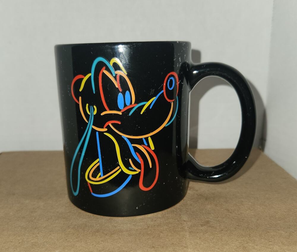 Disney Pluto Coffee Mug Black Neon Rainbow Sketch Outline Design 12oz